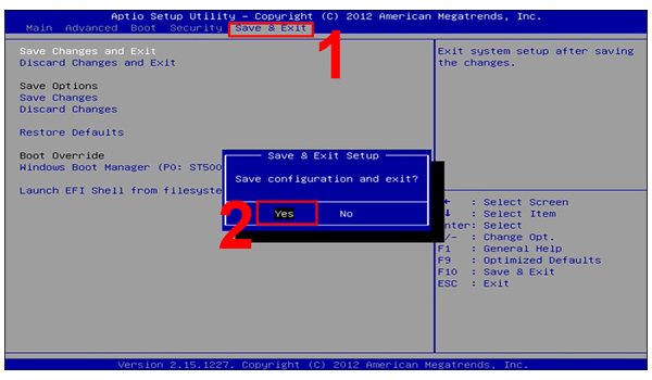 Tích chọn Save Change and Exit để lưu cấu hình & thoát BIOS